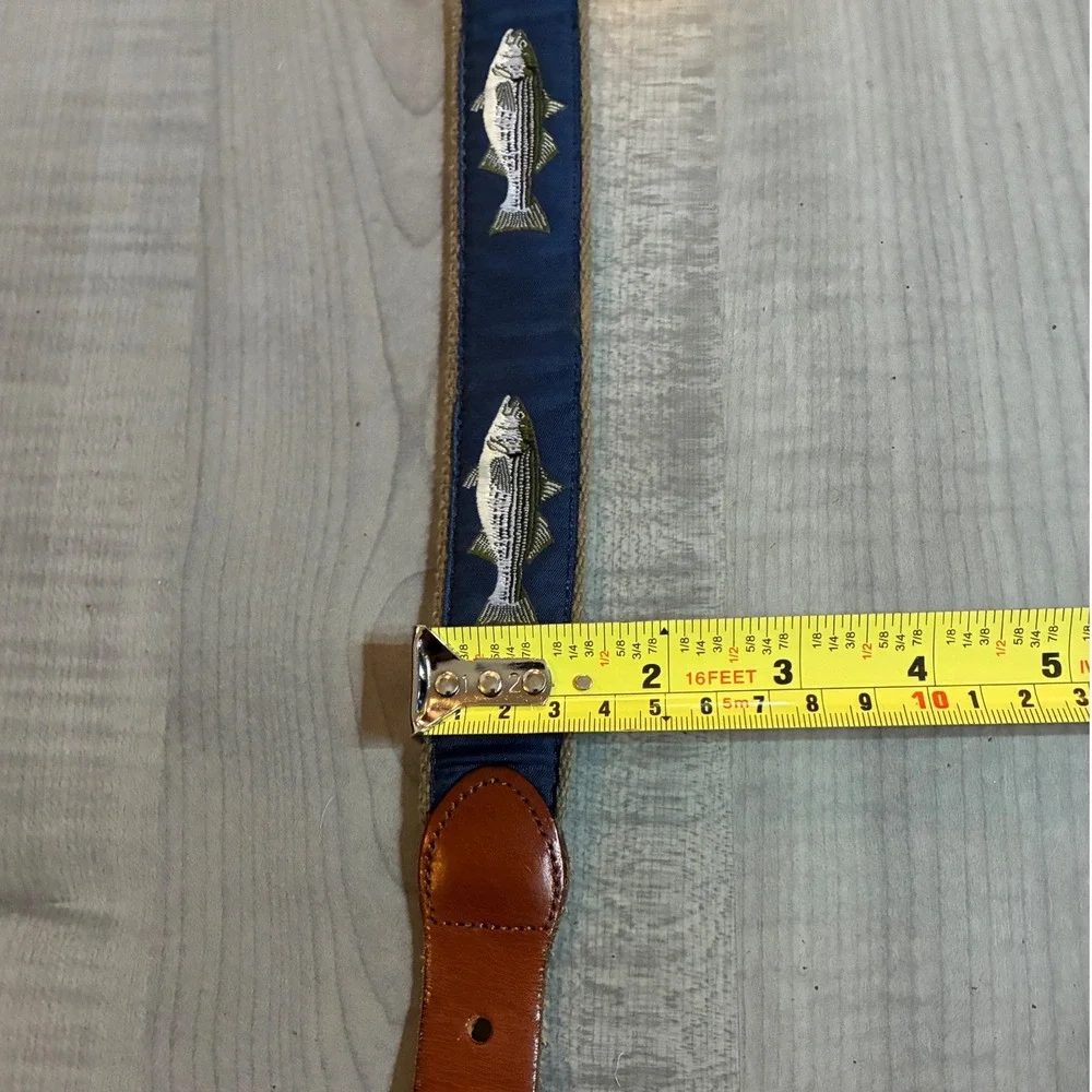 Leather Man Ltd Essex‎ CT Striped Bass Fish Belt Navy Canvas Leather 48 Inch XL